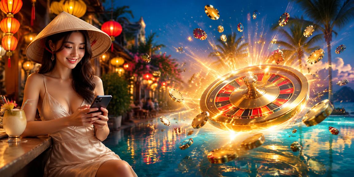 Không gian Hà Nội với biểu tượng nón lá và bàn roulette buổi tối