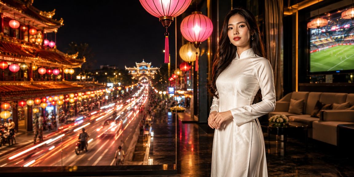 Không gian casino tại Huế với hình ảnh áo dài và ánh sáng buổi tối